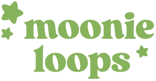 Green 'moonie loops' text with star graphics on a white background