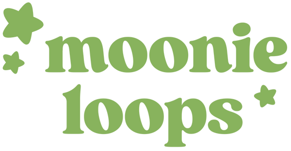 Green 'moonie loops' text with star graphics on a white background