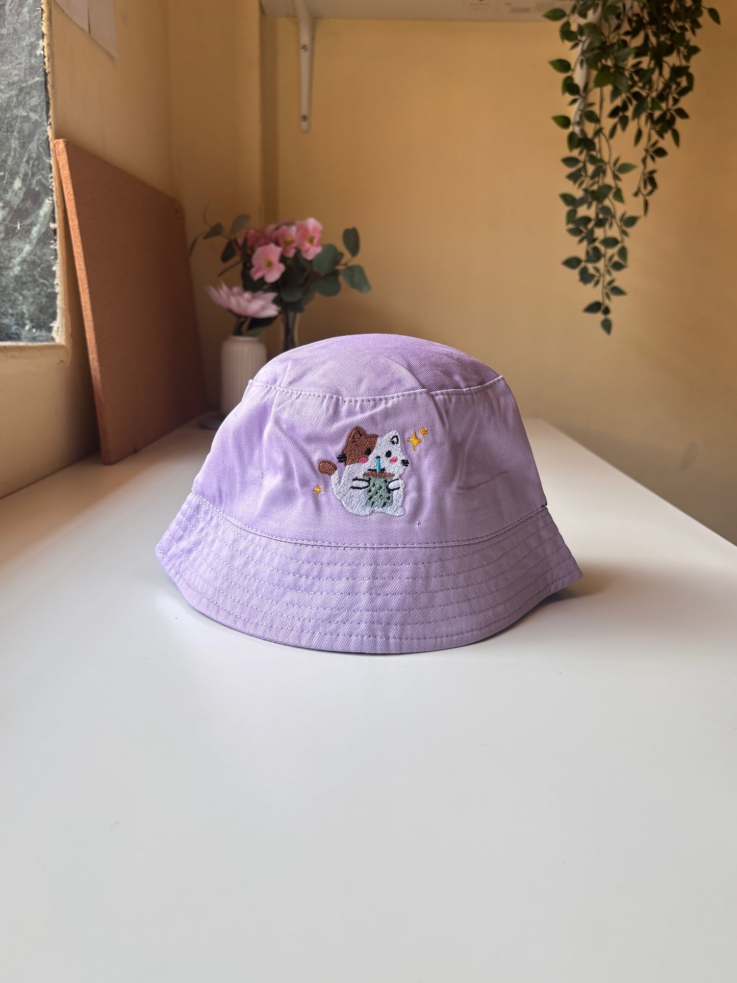 Cat with boba bucket hat